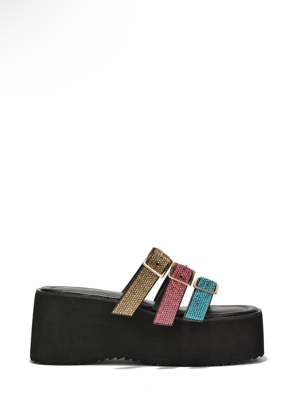 •CAPE ROBBIN• “Paye” Buckle Platform Rhinestone Slide Sandals-Multi // NIB - Picture 3 of 15